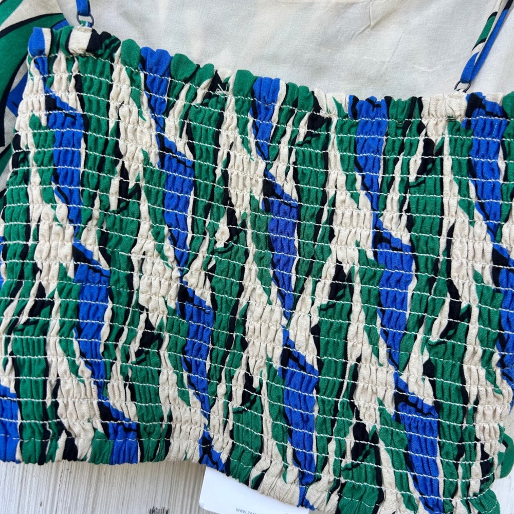 Zara Women's Smocked Cropped Tank Top Blue Green Print Spaghetti Straps L - Picture 6 of 9